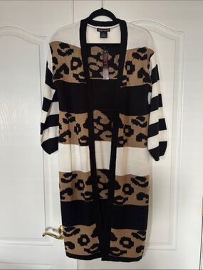 Women's Black, White & Camel Leopard Stripe Cardigan size M